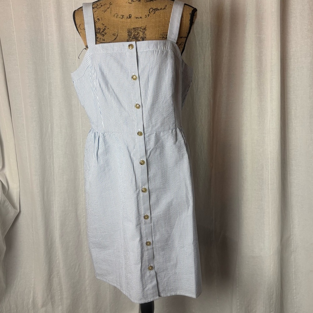 NWT J Crew  Button Front Dress Sz 14 Seersucker Stripe White/Blue Sleeveless NEW
